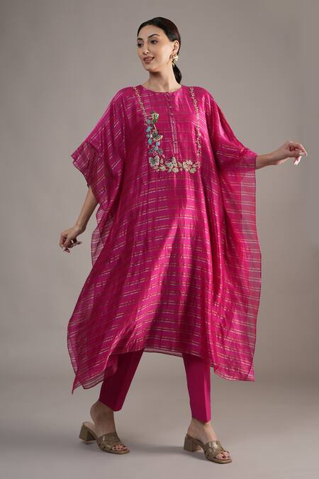 Shop_Joy Mitra_Pink Chanderi, Tissue Embroidery Round Neck Hibiscus Hand Kaftan Set 