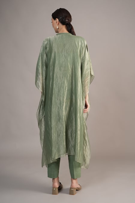 Joy Mitra_Sapphire Chanderi, Tissue Embroidery Mandarin Collar Sage Green Hand Kaftan Set _Online_at_Aza_Fashions