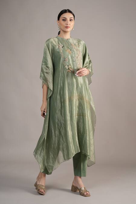 Buy_Joy Mitra_Sapphire Chanderi, Tissue Embroidery Mandarin Collar Sage Green Hand Kaftan Set _Online_at_Aza_Fashions