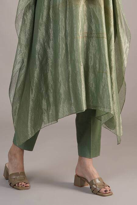 Shop Joy Mitra Sapphire Chanderi, Tissue Embroidery Mandarin Collar Sage Green Hand Kaftan Set Online at Aza Fashions Shop_Joy Mitra_Sapphire Chanderi, Tissue Embroidery Mandarin Collar Sage Green Hand Kaftan Set _Online_at_Aza_Fashions