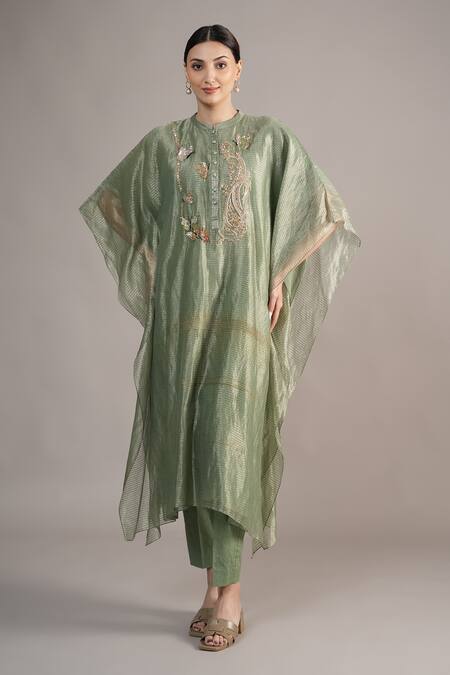 Joy Mitra_Sapphire Chanderi, Tissue Embroidery Mandarin Collar Sage Green Hand Kaftan Set _at_Aza_Fashions