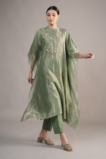 Buy_Joy Mitra_Sapphire Chanderi, Tissue Embroidery Mandarin Collar Sage Green Hand Kaftan Set 