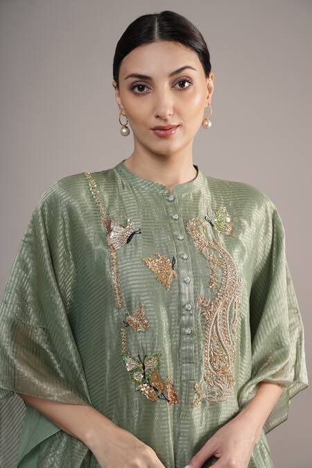 Shop_Joy Mitra_Sapphire Chanderi, Tissue Embroidery Mandarin Collar Sage Green Hand Kaftan Set 