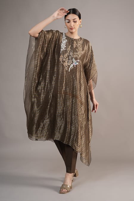 Joy Mitra_Gray Chanderi, Tissue Embroidery Round Neck Hand Kaftan Set _Online_at_Aza_Fashions