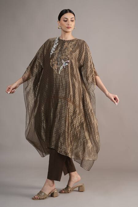 Buy_Joy Mitra_Gray Chanderi, Tissue Embroidery Round Neck Hand Kaftan Set _Online_at_Aza_Fashions