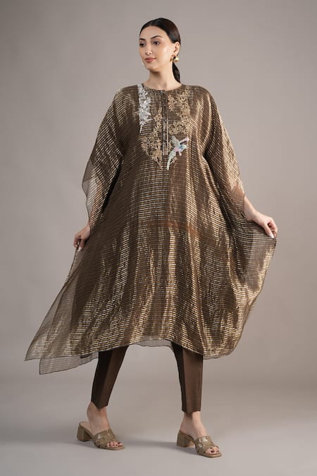 Shop_Joy Mitra_Gray Chanderi, Tissue Embroidery Round Neck Hand Kaftan Set _Online_at_Aza_Fashions