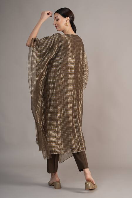 Shop_Joy Mitra_Gray Chanderi, Tissue Embroidery Round Neck Hand Kaftan Set _at_Aza_Fashions