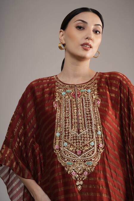 Buy_Joy Mitra_Brown Chanderi, Tissue, Cotton Embroidery, Beads Round Neck Hand Kaftan Set _Online_at_Aza_Fashions