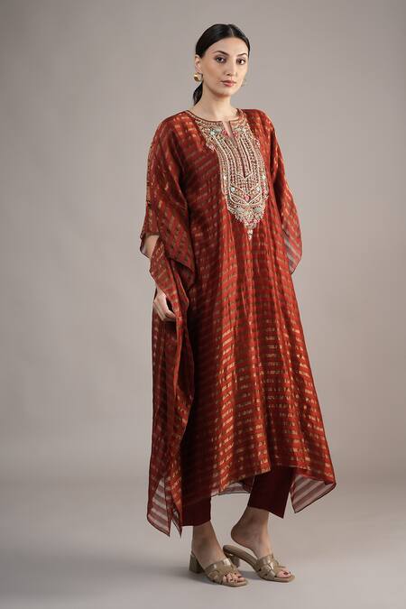 Joy Mitra_Brown Chanderi, Tissue, Cotton Embroidery, Beads Round Neck Hand Kaftan Set _at_Aza_Fashions