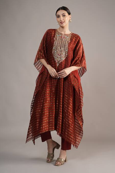 Buy_Joy Mitra_Brown Chanderi, Tissue, Cotton Embroidery, Beads Round Neck Hand Kaftan Set 