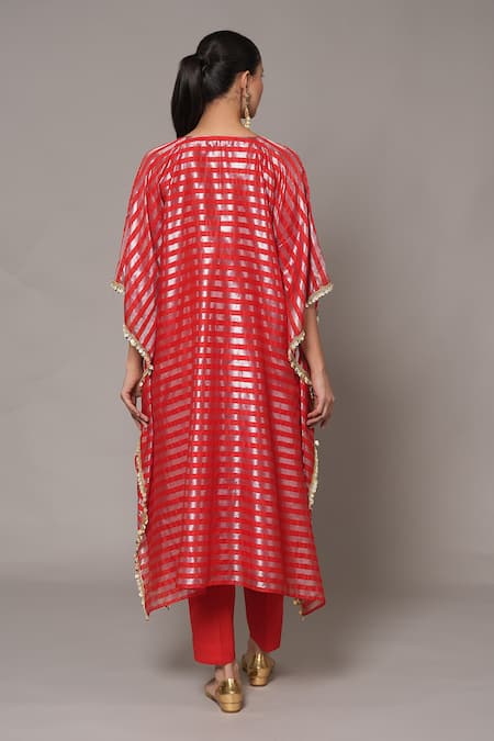 Joy Mitra_Red Chanderi, Tissue Embroidery V-neck Persian Hand Kaftan Set _Online_at_Aza_Fashions