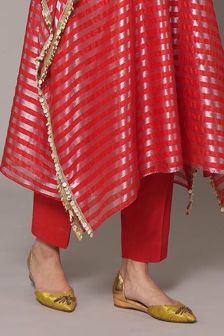 Shop_Joy Mitra_Red Chanderi, Tissue Embroidery V-neck Persian Hand Kaftan Set _Online_at_Aza_Fashions