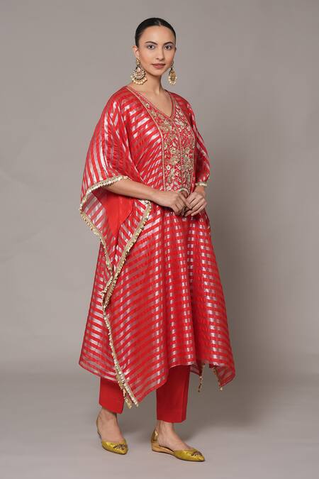 Joy Mitra_Red Chanderi, Tissue Embroidery V-neck Persian Hand Kaftan Set _at_Aza_Fashions
