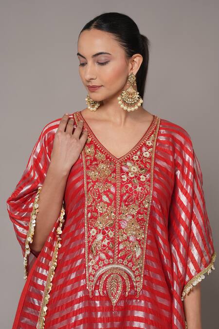 Buy_Joy Mitra_Red Chanderi, Tissue Embroidery V-neck Persian Hand Kaftan Set 
