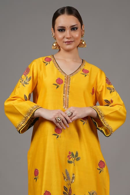 Joy Mitra_Yellow Chanderi Embroidery V-neck Lightning Anar Kurta Set _at_Aza_Fashions