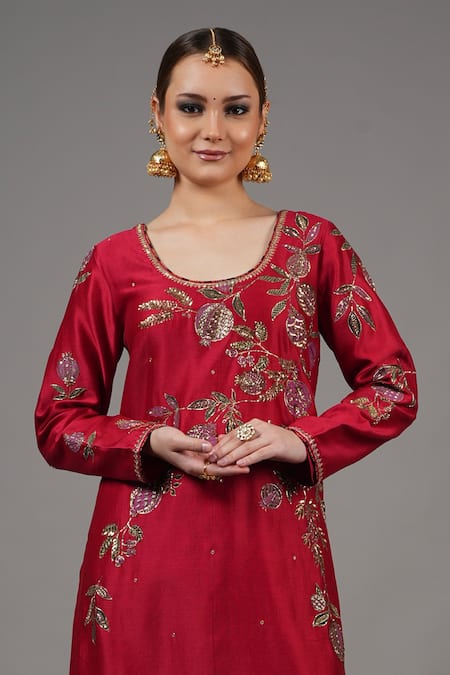 Joy Mitra_Red Chanderi Embroidery Round Neck Cardinal Anar Kurta Set _at_Aza_Fashions