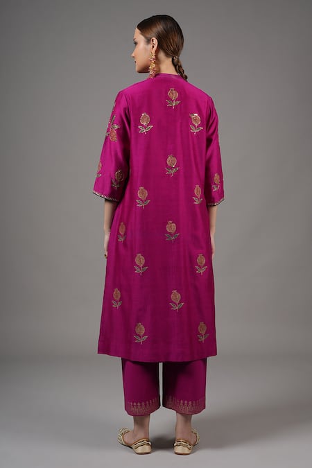 Joy Mitra_Fuchsia Chanderi Embroidery, Zari Mandarin Collar Dark Anar Kurta Set _Online_at_Aza_Fashions