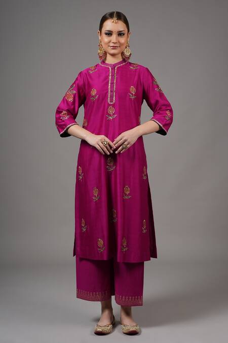 Buy_Joy Mitra_Fuchsia Chanderi Embroidery, Zari Mandarin Collar Dark Anar Kurta Set _Online_at_Aza_Fashions