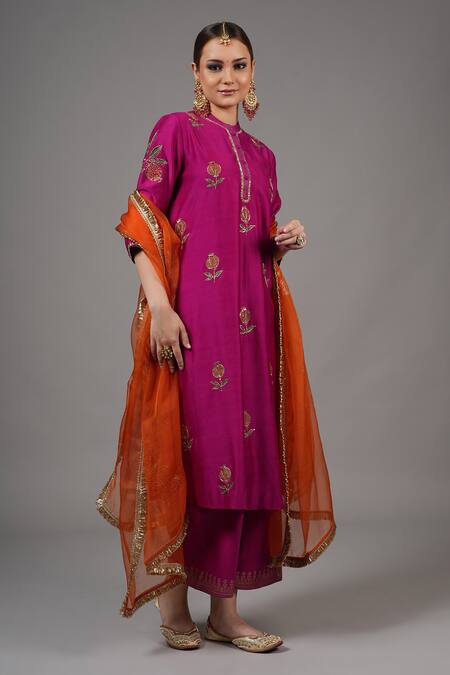 Shop_Joy Mitra_Fuchsia Chanderi Embroidery, Zari Mandarin Collar Dark Anar Kurta Set _Online_at_Aza_Fashions