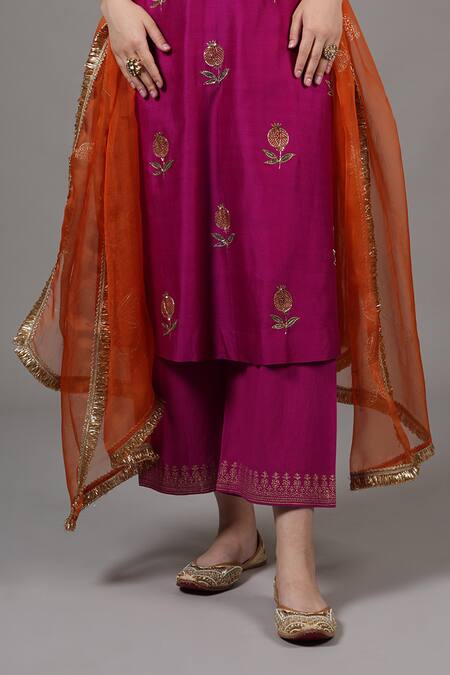 Joy Mitra Fuchsia Chanderi Embroidery, Zari Mandarin Collar Dark Anar Kurta Set at Aza Fashions Joy Mitra_Fuchsia Chanderi Embroidery, Zari Mandarin Collar Dark Anar Kurta Set _at_Aza_Fashions