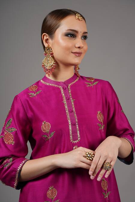 Buy_Joy Mitra_Fuchsia Chanderi Embroidery, Zari Mandarin Collar Dark Anar Kurta Set 