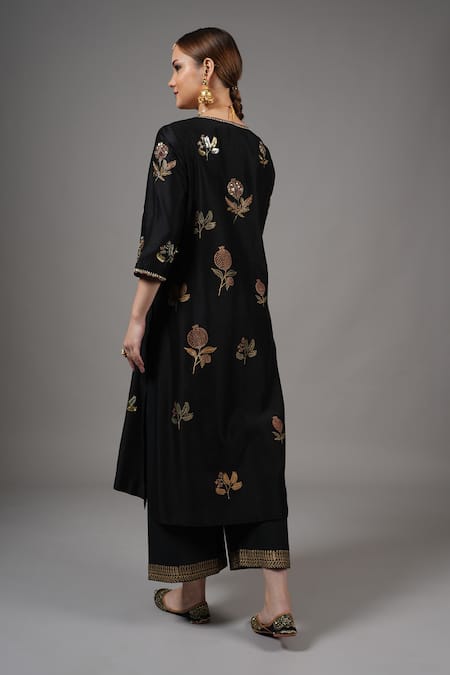 Joy Mitra_Black Chanderi Embroidery Round Neck Anar Kurta Set _Online_at_Aza_Fashions