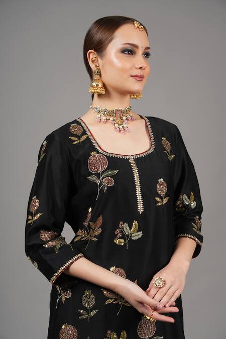 Shop_Joy Mitra_Black Chanderi Embroidery Round Neck Anar Kurta Set _Online_at_Aza_Fashions