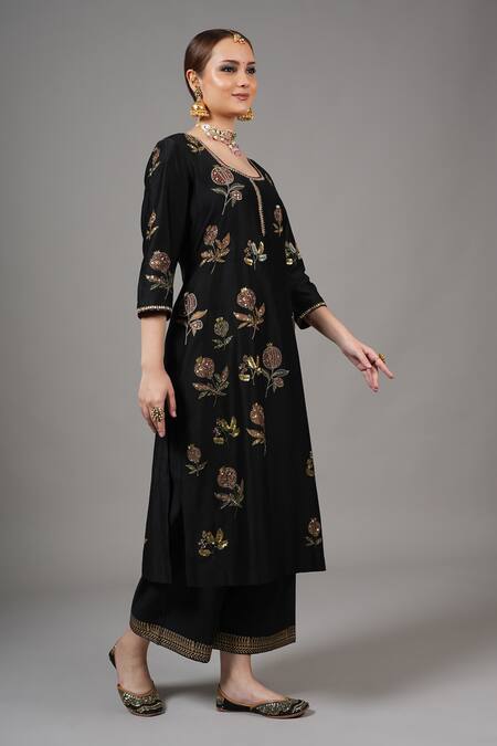 Joy Mitra_Black Chanderi Embroidery Round Neck Anar Kurta Set _at_Aza_Fashions