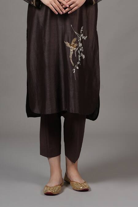Buy Joy Mitra Brown Chanderi Embroidery Mandarin Collar Wenge Hand Kurta Set Online at Aza Fashions Buy_Joy Mitra_Brown Chanderi Embroidery Mandarin Collar Wenge Hand Kurta Set _Online_at_Aza_Fashions