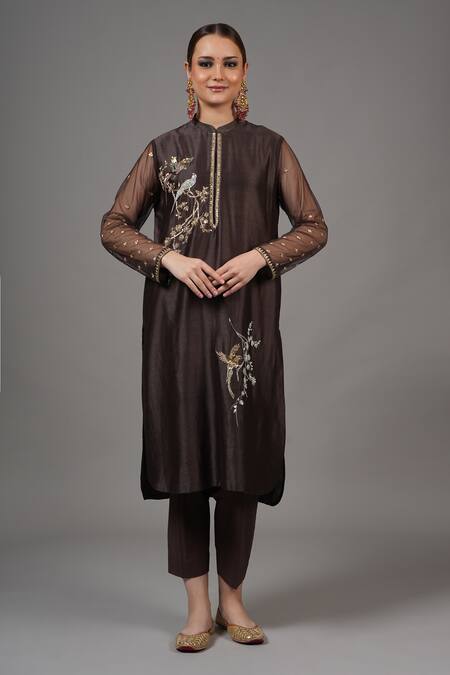 Shop_Joy Mitra_Brown Chanderi Embroidery Mandarin Collar Wenge Hand Kurta Set _Online_at_Aza_Fashions