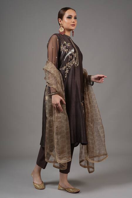 Joy Mitra_Brown Chanderi Embroidery Mandarin Collar Wenge Hand Kurta Set _at_Aza_Fashions