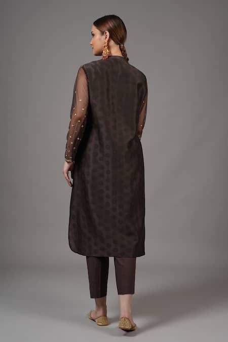 Joy Mitra_Brown Chanderi Embroidery Mandarin Collar Wenge Hand Kurta Set _Online_at_Aza_Fashions