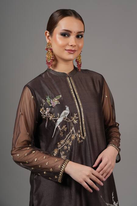 Buy_Joy Mitra_Brown Chanderi Embroidery Mandarin Collar Wenge Hand Kurta Set 