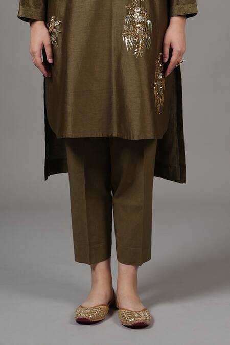 Shop_Joy Mitra_Brown Chanderi Embroidery Round Neck Tobacco Hand Kurta Set _Online_at_Aza_Fashions