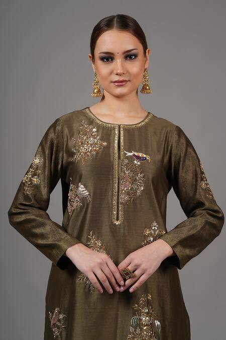 Joy Mitra_Brown Chanderi Embroidery Round Neck Tobacco Hand Kurta Set _at_Aza_Fashions