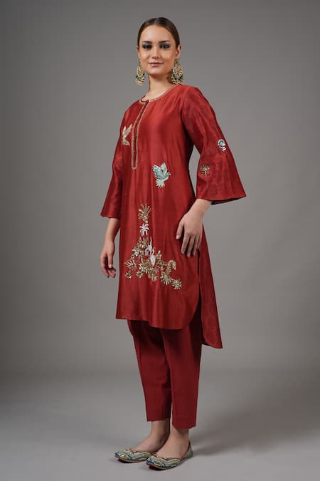 Shop_Joy Mitra_Red Chanderi Embroidery Round Neck Brown Hand Kurta Set _Online_at_Aza_Fashions