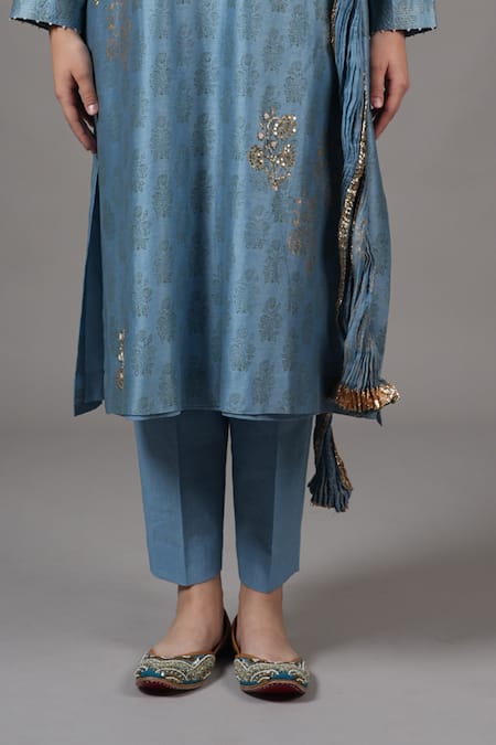 Buy Joy Mitra Blue Chanderi Embroidery Round Neck Glacier Kurta Set Online at Aza Fashions Buy_Joy Mitra_Blue Chanderi Embroidery Round Neck Glacier Kurta Set _Online_at_Aza_Fashions