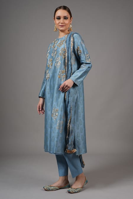 Shop_Joy Mitra_Blue Chanderi Embroidery Round Neck Glacier Kurta Set _Online_at_Aza_Fashions