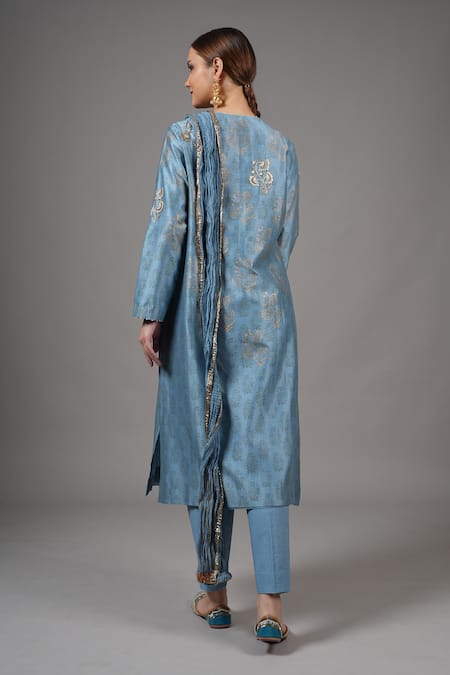 Joy Mitra_Blue Chanderi Embroidery Round Neck Glacier Kurta Set _Online_at_Aza_Fashions