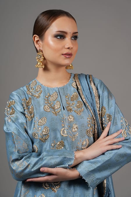 Joy Mitra_Blue Chanderi Embroidery Round Neck Glacier Kurta Set _at_Aza_Fashions