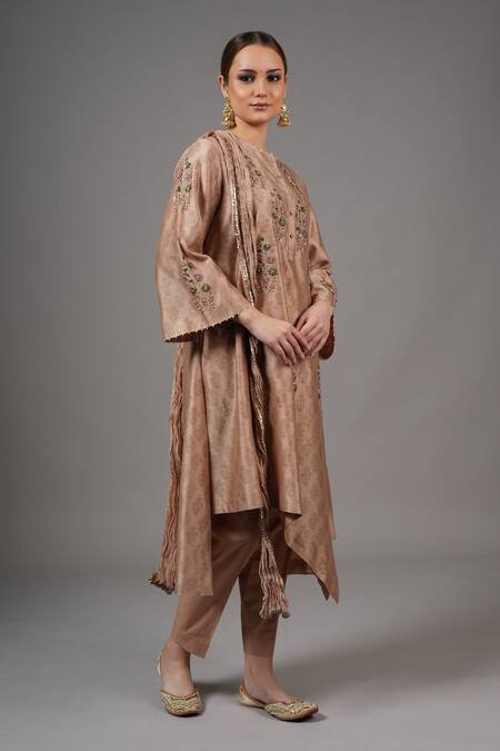 Buy_Joy Mitra_Beige Chanderi, Cotton Embroidery Round Neck Rodeo Dust Hand Kurta Set _Online_at_Aza_Fashions