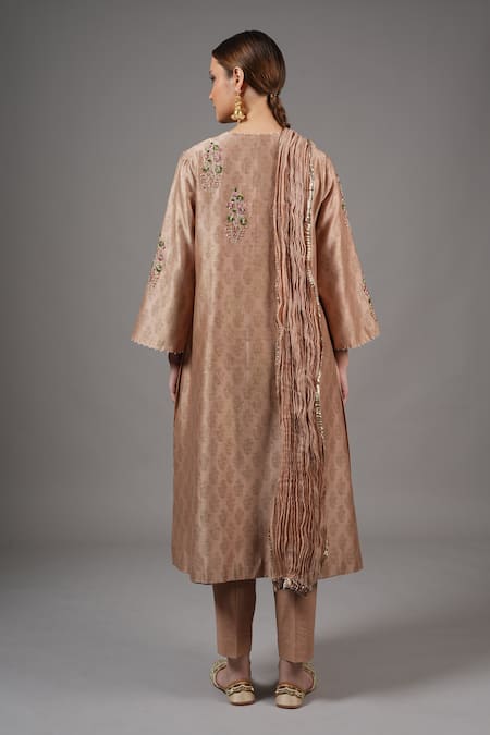 Joy Mitra_Beige Chanderi, Cotton Embroidery Round Neck Rodeo Dust Hand Kurta Set _Online_at_Aza_Fashions