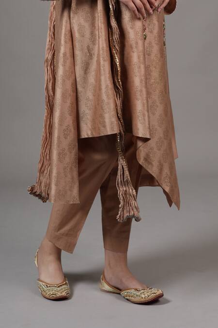 Shop Joy Mitra Beige Chanderi, Cotton Embroidery Round Neck Rodeo Dust Hand Kurta Set Online at Aza Fashions Shop_Joy Mitra_Beige Chanderi, Cotton Embroidery Round Neck Rodeo Dust Hand Kurta Set _Online_at_Aza_Fashions