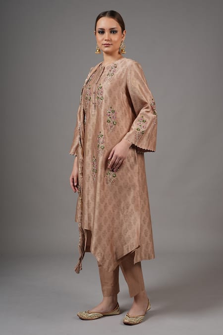 Joy Mitra_Beige Chanderi, Cotton Embroidery Round Neck Rodeo Dust Hand Kurta Set _at_Aza_Fashions