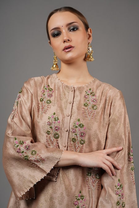 Buy_Joy Mitra_Beige Chanderi, Cotton Embroidery Round Neck Rodeo Dust Hand Kurta Set 