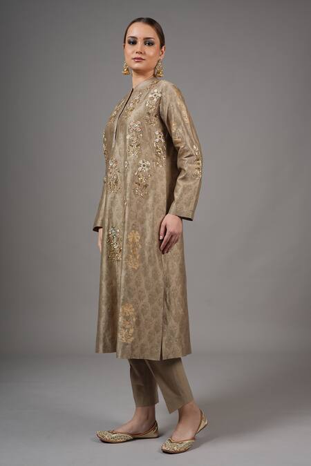 Buy_Joy Mitra_Beige Chanderi, Cotton Embroidery Mandarin Collar Sandrift Hand Kurta Set _Online_at_Aza_Fashions