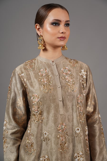 Joy Mitra_Beige Chanderi, Cotton Embroidery Mandarin Collar Sandrift Hand Kurta Set _at_Aza_Fashions
