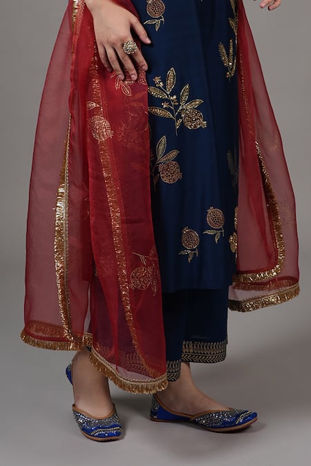 Shop_Joy Mitra_Blue Chanderi Embroidery Round Neck Zodiac Anar Kurta Set _Online_at_Aza_Fashions