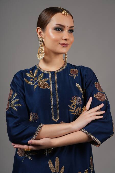 Joy Mitra_Blue Chanderi Embroidery Round Neck Zodiac Anar Kurta Set _at_Aza_Fashions