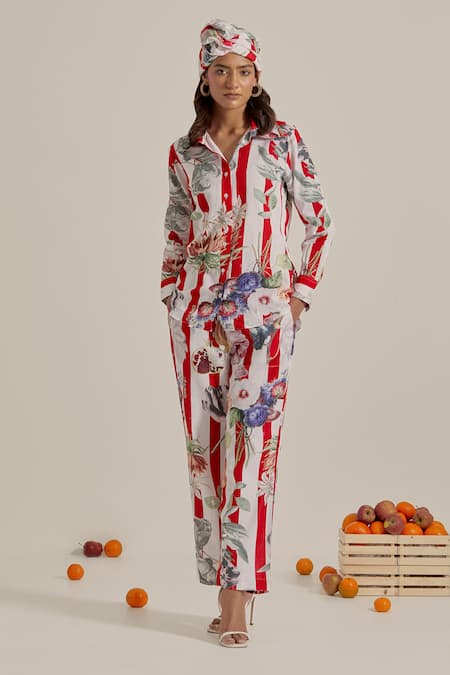 Chrkha Red Striped Printed Top & Pant Set 